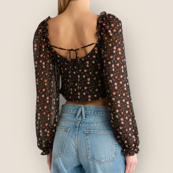 WAYF | NWT Ditsy Long Sleeve Crop Top | Size M | Black Floral - Picture 2 of 12